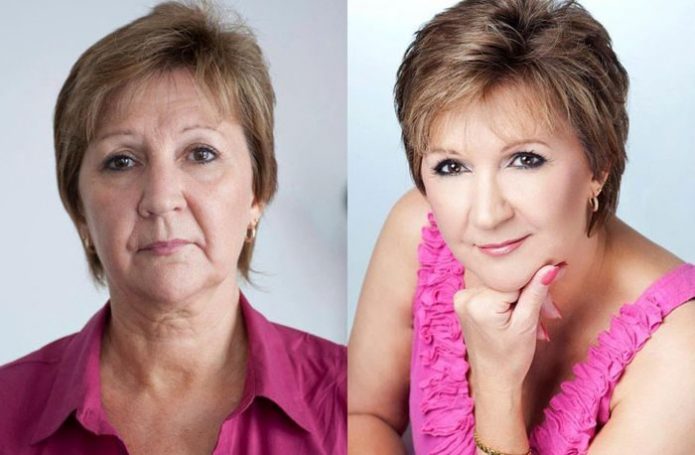 Женское лицо до и после профессионального мейкапа