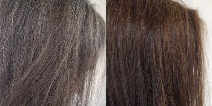 Волосы до и после окрашивания отваром из грецкого ореха