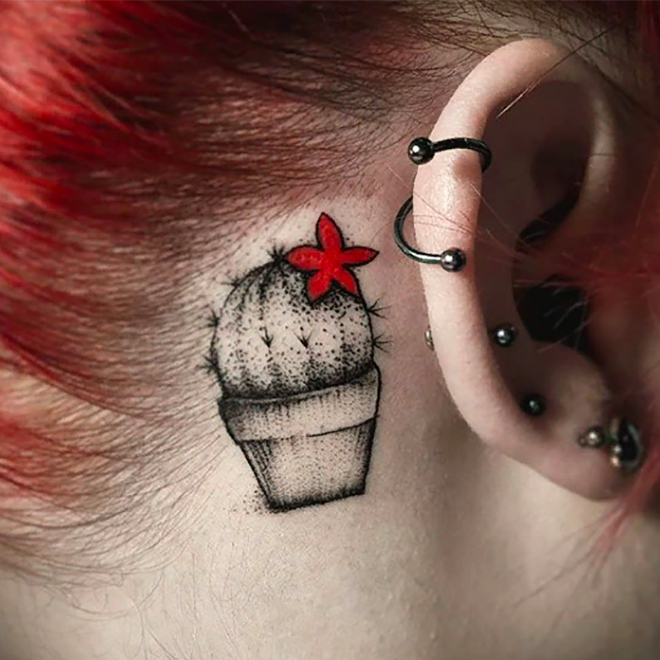 татуировка кактус за ухом, оригинальные тату для девушек