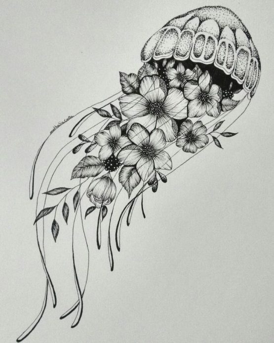 эскиз медуза и цветы на бок