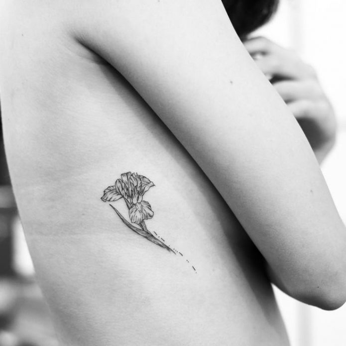 минимализм чб тату цветок на рёбрах