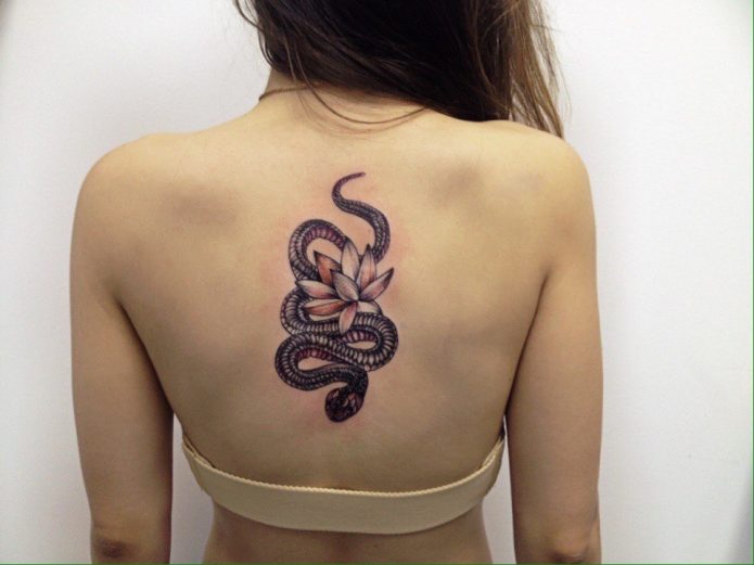 небольшая татуировка змеи с лотосом на спине